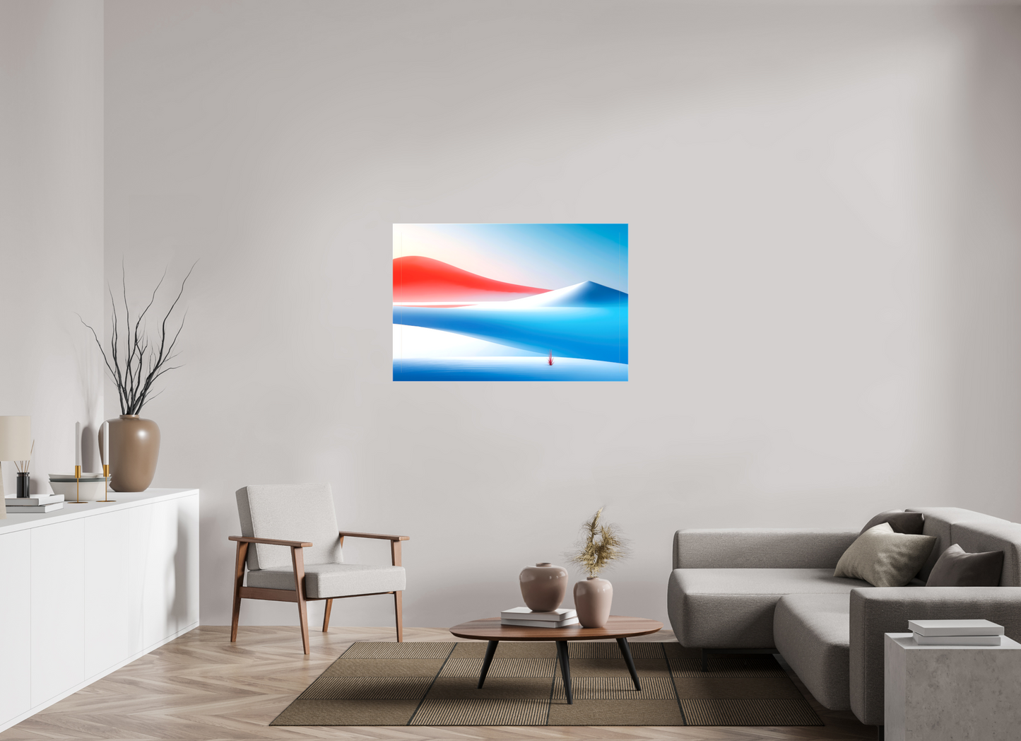 120 x 80 cm, Leinwand glänzend Rotes Leuchten, blaue Stille—Wandkunst, Fine Art Print, Leinwand, Acryldruck, Alu-Dibond