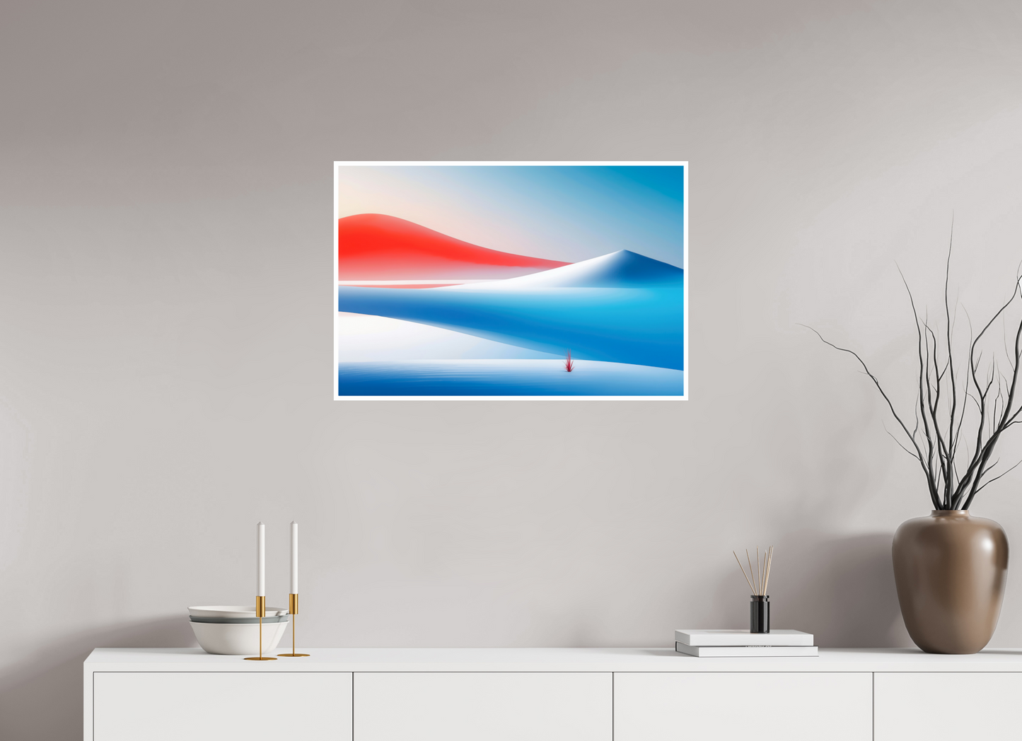 75 x 50 cm, Fine Art Print Hahnemühle Baryta Rotes Leuchten, blaue Stille—Wandkunst, Fine Art Print, Leinwand, Acryldruck, Alu-Dibond