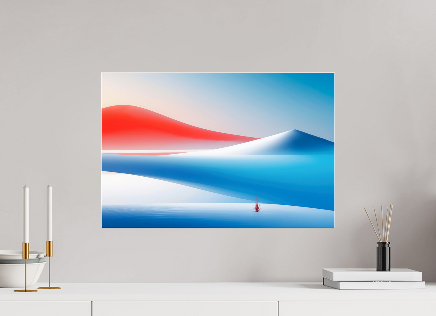 60 x 40 cm, Acrylglas glänzend standard Rotes Leuchten, blaue Stille—Wandkunst, Fine Art Print, Leinwand, Acryldruck, Alu-Dibond