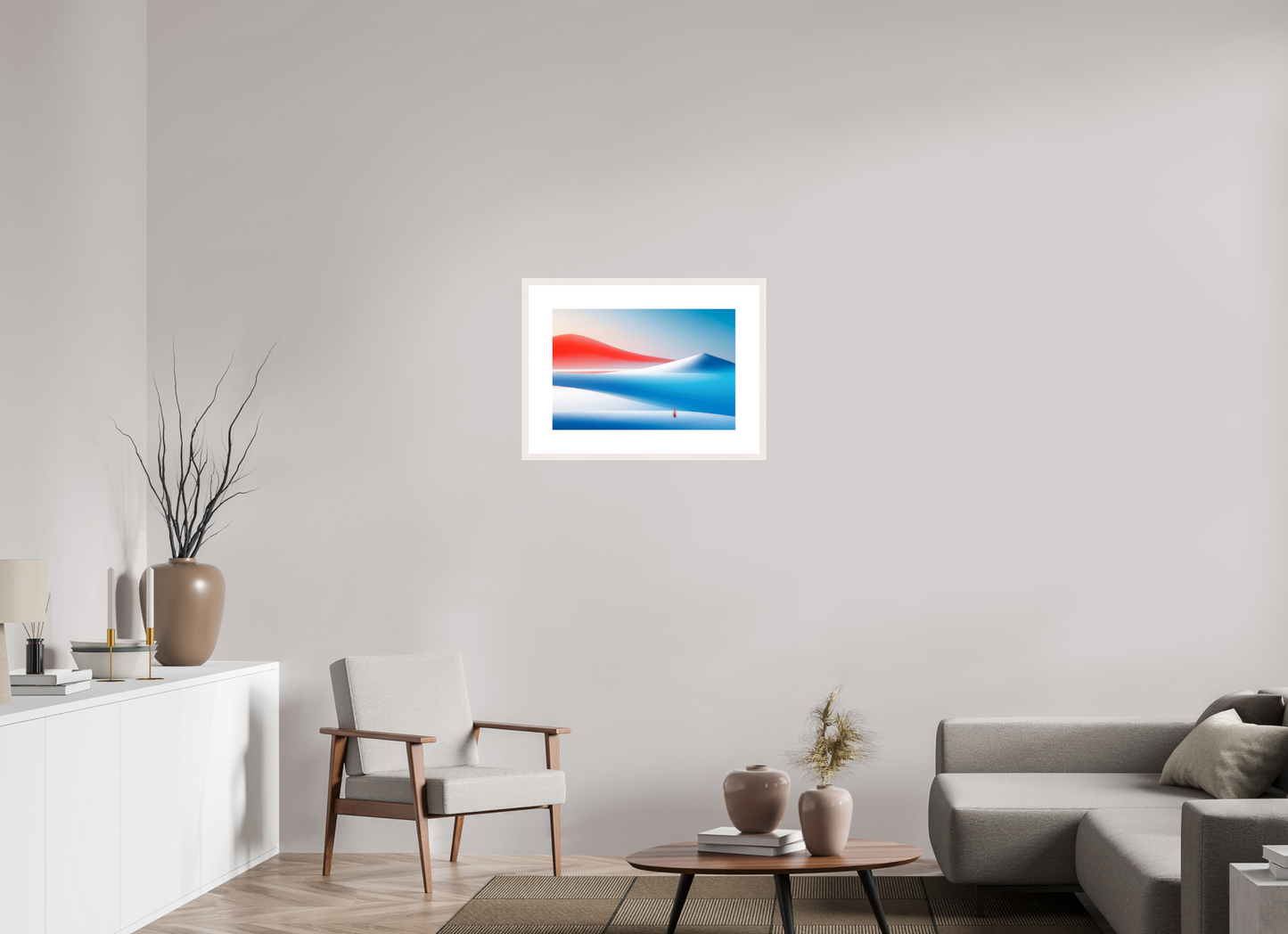 60 x 40 cm, Fine Art Print gerahmt Rotes Leuchten, blaue Stille—Wandkunst, Fine Art Print, Leinwand, Acryldruck, Alu-Dibond
