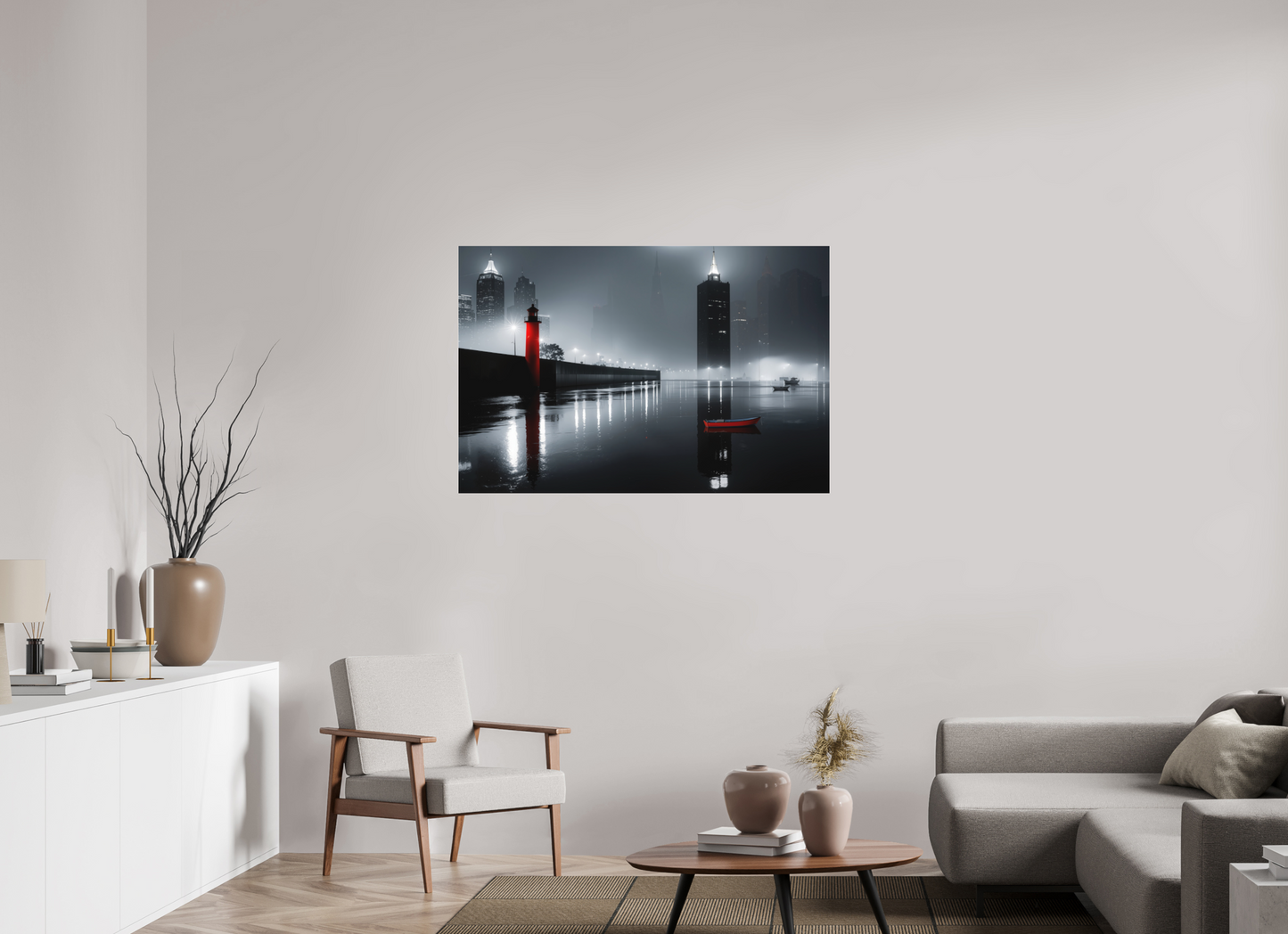 120 x 80 cm, Fine Art Pigmentdruck hinter Acrylglas Hafenstadt bei Nacht -noir city- 01
