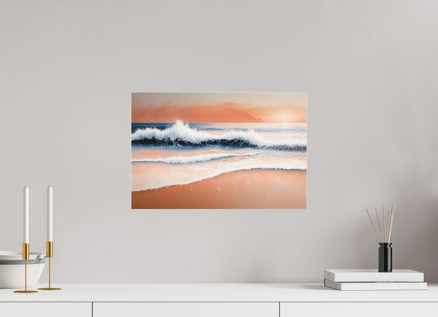 45 x 30 cm, Fine Art Pigmentdruck hinter Acrylglas Brandung in Pastell