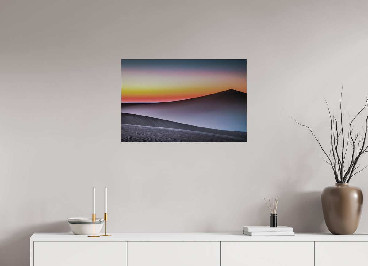 75 x 50 cm, Fine Art Pigmentdruck hinter Acrylglas Dämmerung über der Düne—Wandkunst, Fine Art Print, Leinwand, Acryldruck, Alu-Dibond