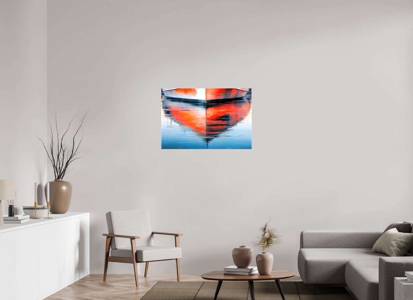 90 x 60 cm, Leinwand glänzend Wasserspiegelung Bootsrumpf-01