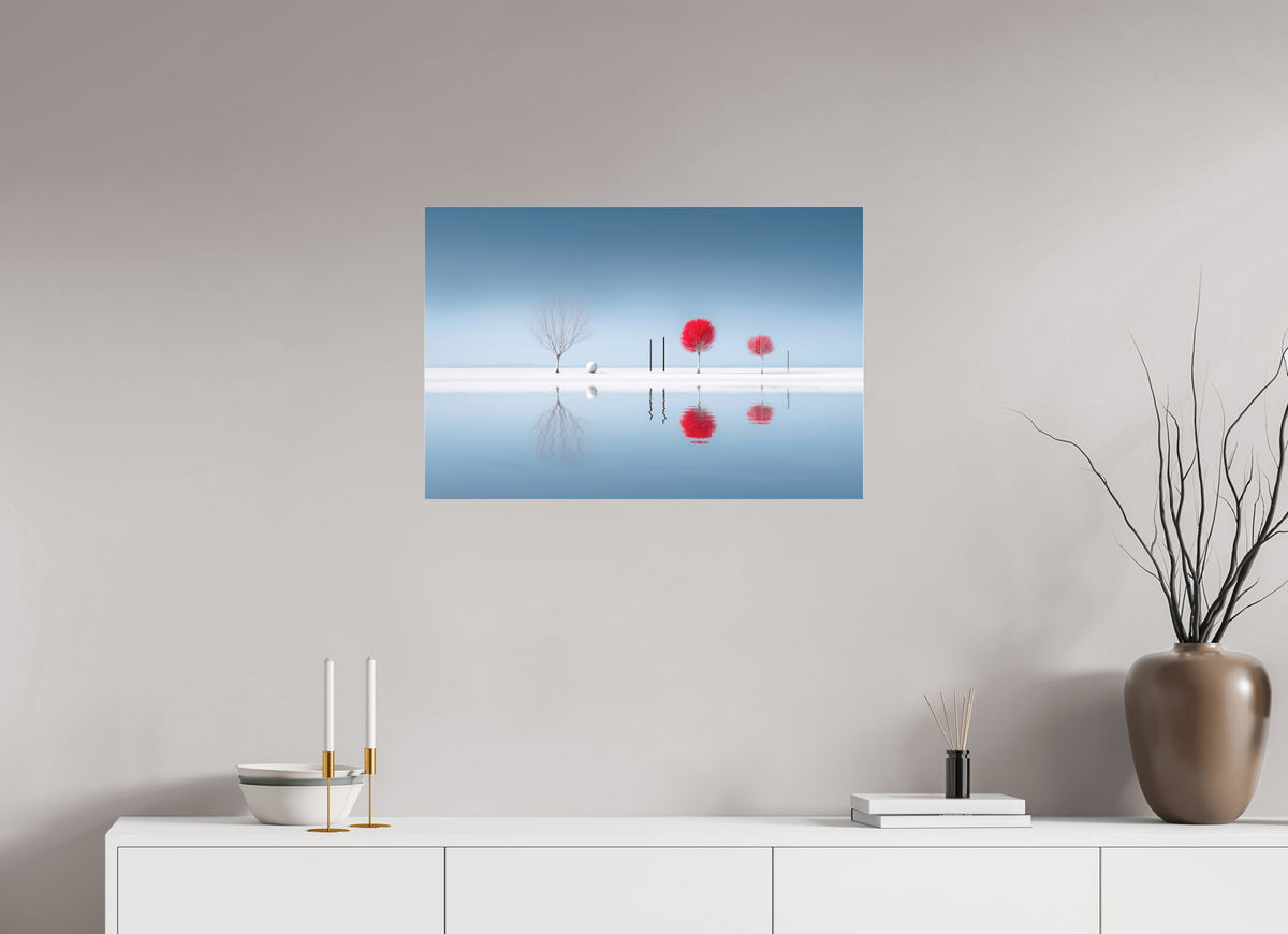 75 x 50 cm, Fine Art Pigmentdruck hinter Acrylglas Rote Stille am Ufer—Wandkunst, Fine Art Print, Leinwand, Acryldruck, Alu-Dibond