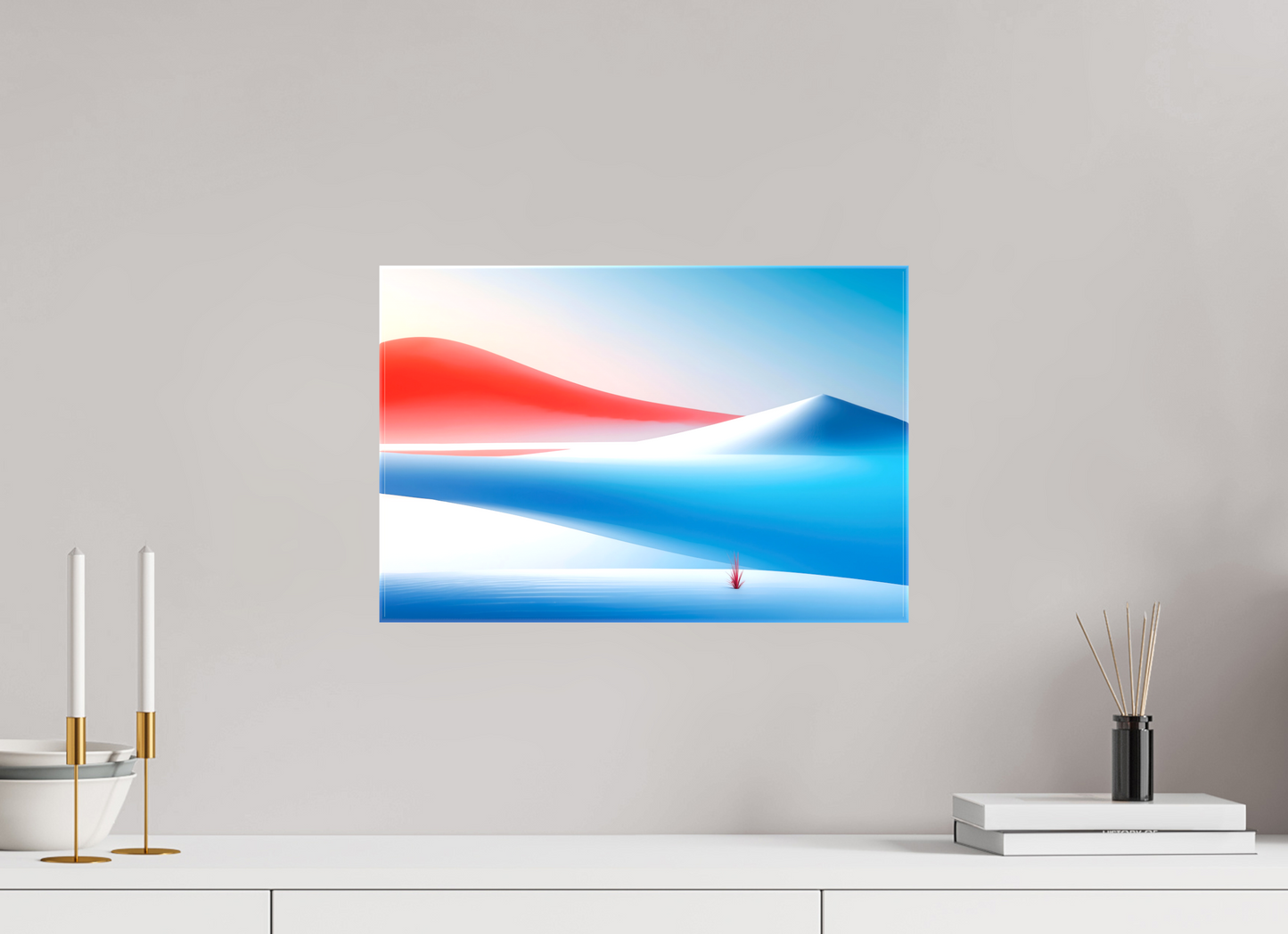 45 x 30 cm, Leinwand glänzend Rotes Leuchten, blaue Stille—Wandkunst, Fine Art Print, Leinwand, Acryldruck, Alu-Dibond