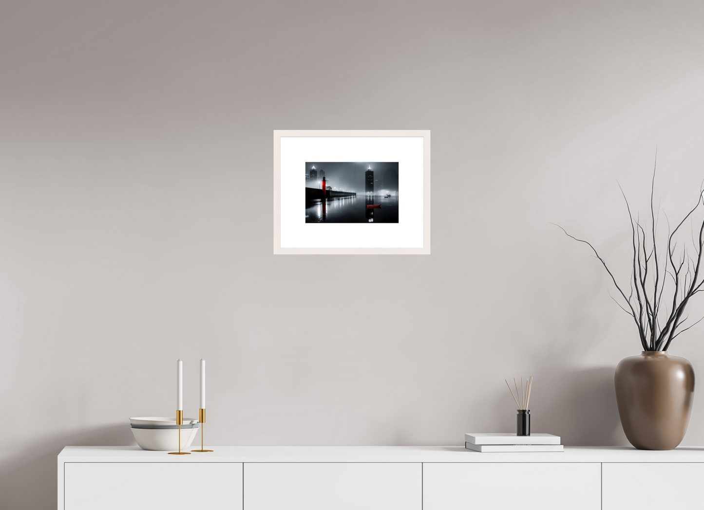 30 x 20 cm, Fine Art Print gerahmt Hafenstadt bei Nacht -noir city- 01