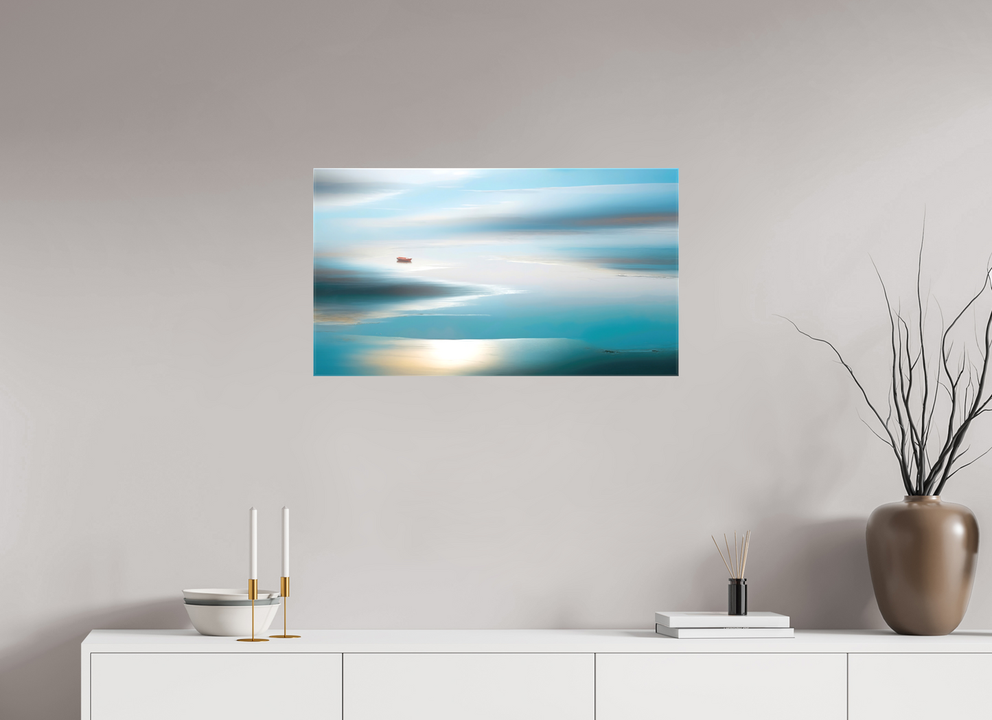 80 x 45 cm, Leinwand glänzend Boot im Wattenmeer-06—Wandkunst, Fine Art Print, Leinwand, Acryldruck, Alu-Dibond