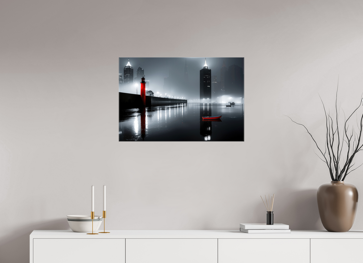 75 x 50 cm, Leinwand glänzend Hafenstadt bei Nacht -noir city- 01—Wandkunst, Fine Art Print, Leinwand, Acryldruck, Alu-Dibond